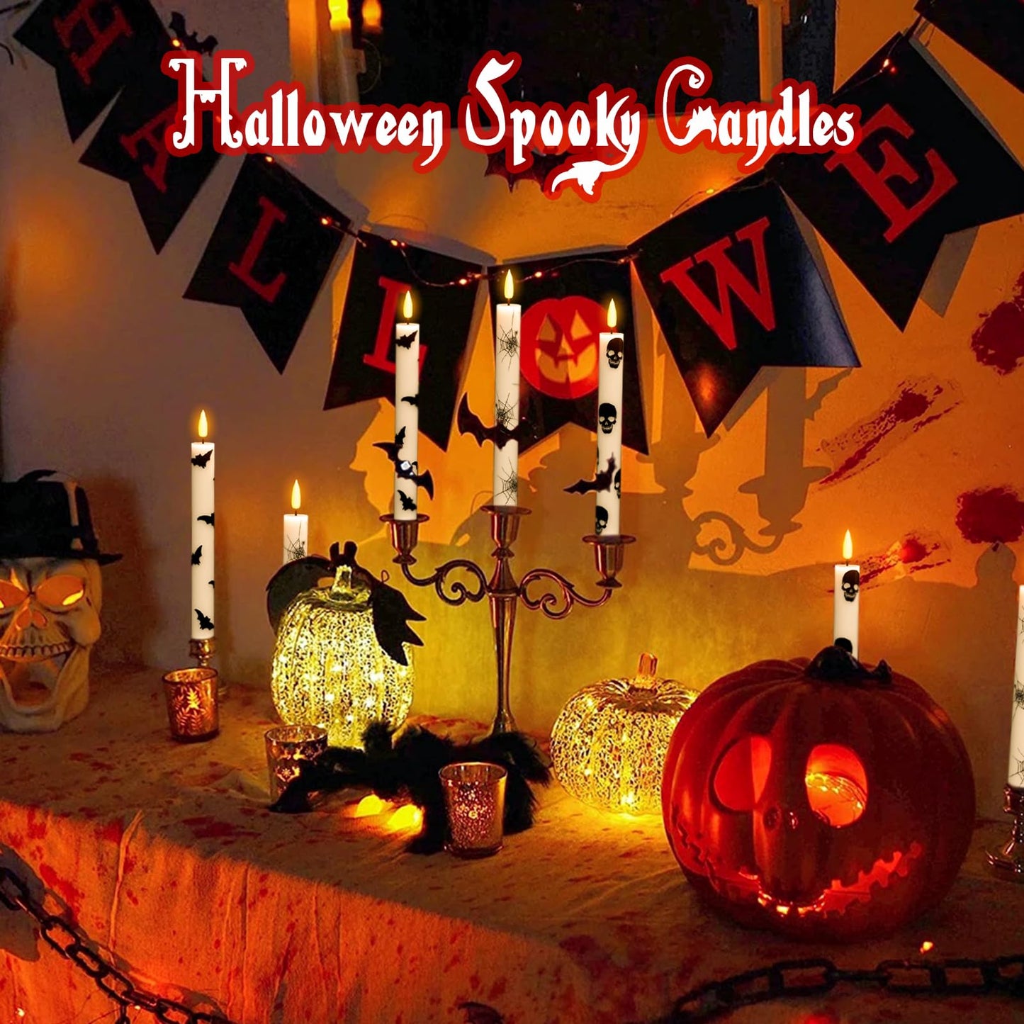 KunSwenn Halloween Flameless Taper Candles, 6 Pack LED Taper Candles Battery Operated with Remote Timer, Real Wax Flameless Candlesticks with Spider Webs/Skull/Bats Decals for Halloween Decoration