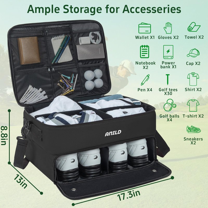 ANILD Golf Trunk Organizer, 2 Layer Golf Storage Case with Separate Ventilated Compartment for 2 Pair Shoes, for Balls, Tees, Clothes, Gloves, Accessories, Golfer Gifts