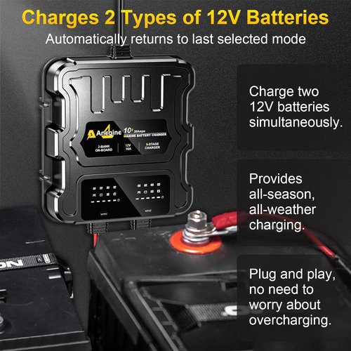 2 Bank Marine Battery Charger - 20A Waterproof LCD Onboard Charger with Overcharge Protection | Ideal for Boats, Cars, RVs
