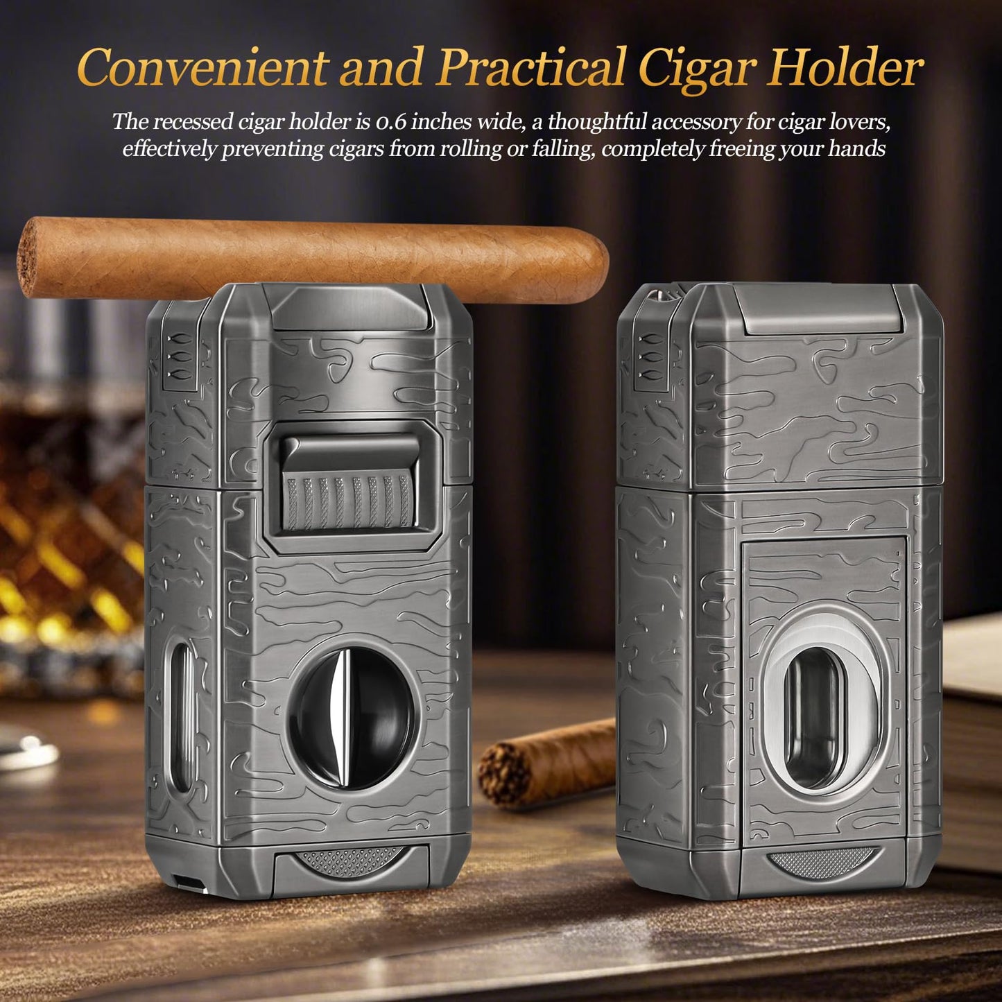 DXXULL Cigar Lighter, 7-in-1 Cigar Lighter Set: Dual-Flame Windproof, Visual Gas Window Adjustment, Built-in Dual Punch, V-Cut, Flat Cut, Cigar Holder and Smoking Set, Gift for Men (No Butane)