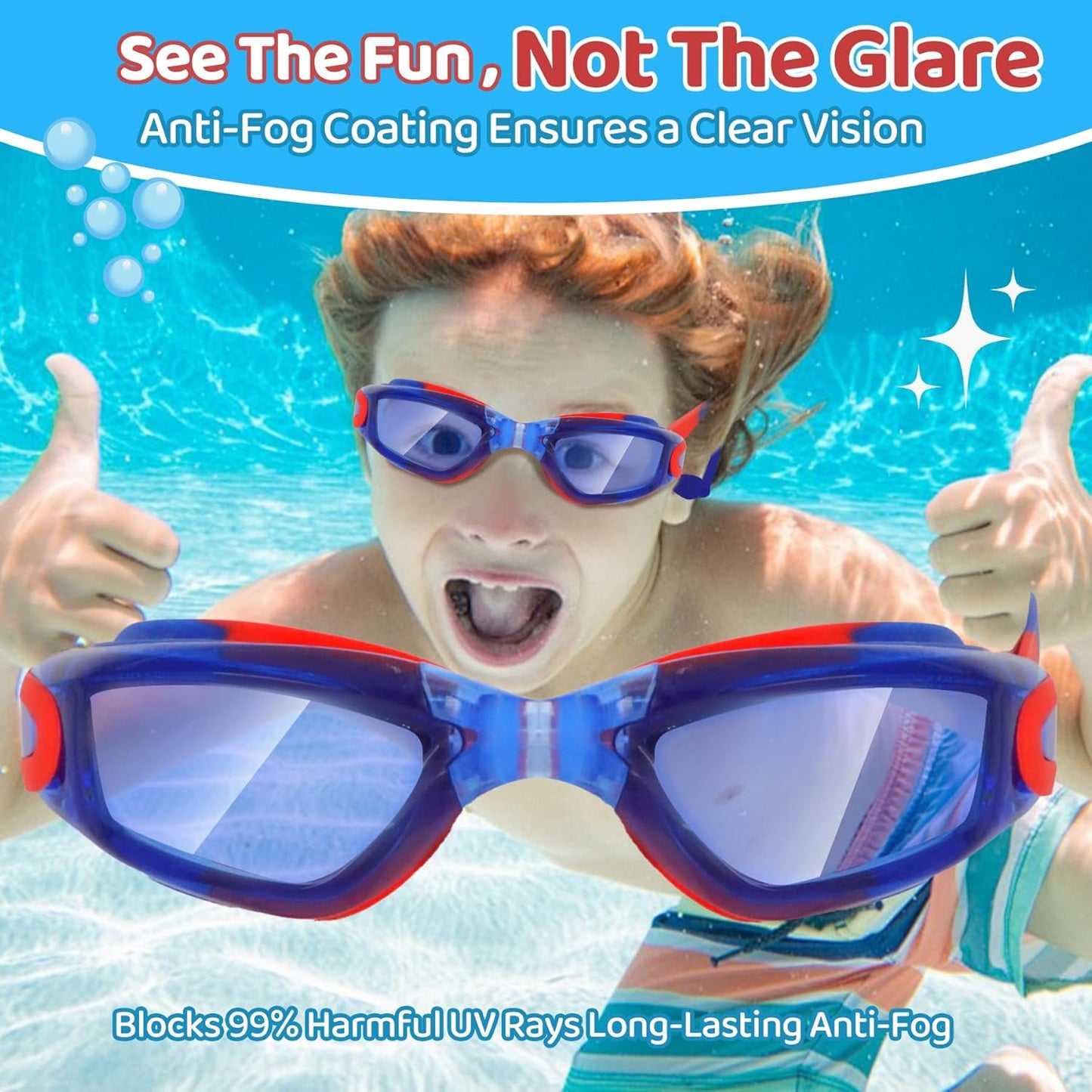 Vvinca Swim Goggles - Anti-Fog UV Protection | No Leak Design for Kids Ages 3-15 (2 Pack)