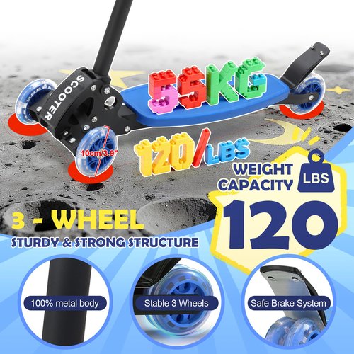 3 Wheel Scooters for Kids 2-5 Years, 3 Adjustable Heights Foldable Metal Toddler Scooter for Boys Girls Up to 120 lbs, Lean-to-Steer, Dual Rear Brake Widen Anti-Slip Deck