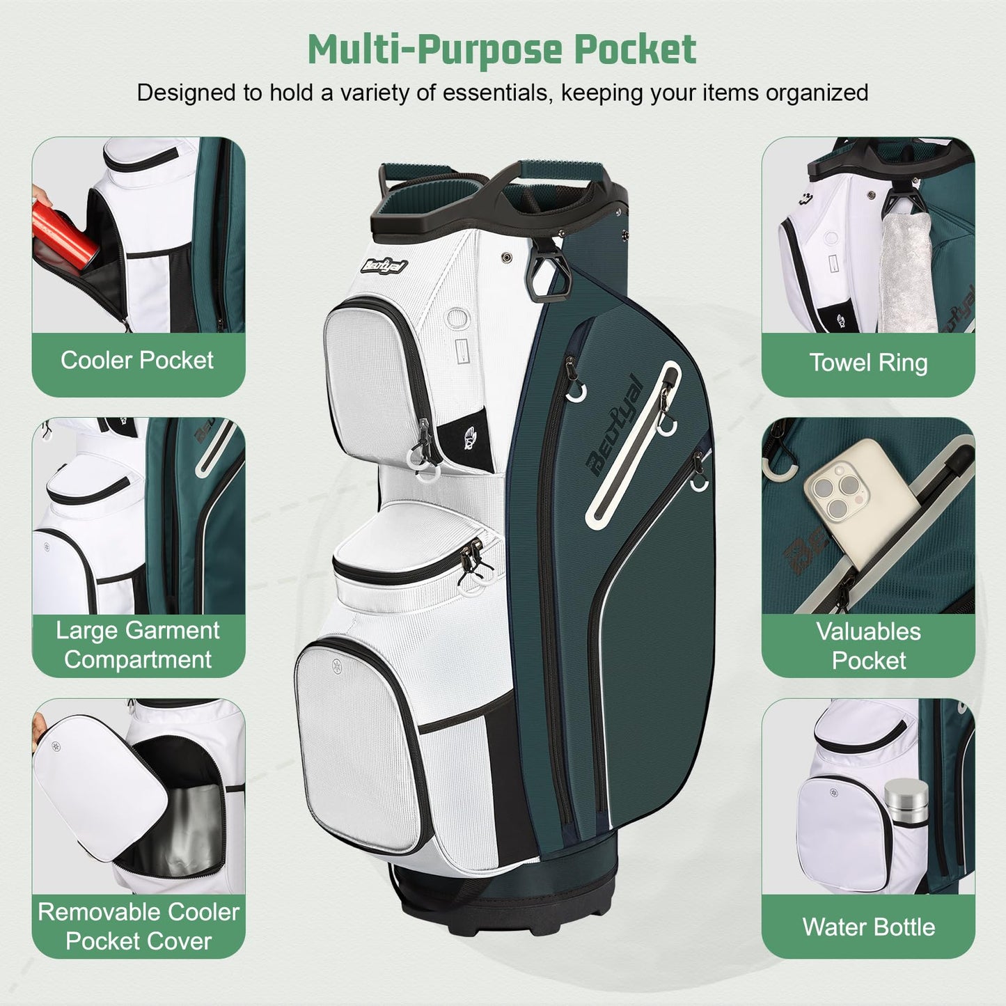 Beutyal Golf Cart Bag 15 Way Organizer Divider Top Cart Golf Club Bag for Men Women with Cooler, Handles and Rain Cover