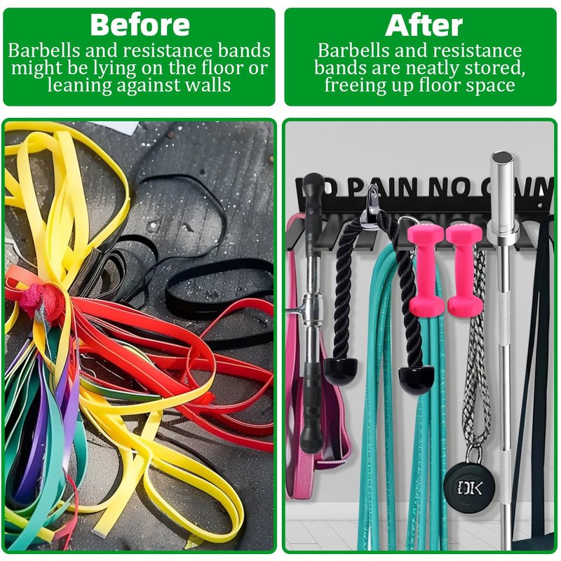 Home Gym Accessories Organization Storage Rack Equipment For Home 8 Hook Wall Hanger Display Gear Barbells Resistance Bands Jump Ropes Lifting Belt Hanger Accessories Hardware Included NO PAIN NO GAIN