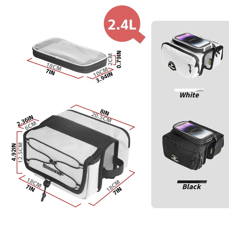 Rhinowalk Bike Top Tube Bag with Touch Screen Phone Pouch - Bicycle Frame Bag with Phone Holder, Double Side Pannier Zipper & Magnetic Closure (Black)