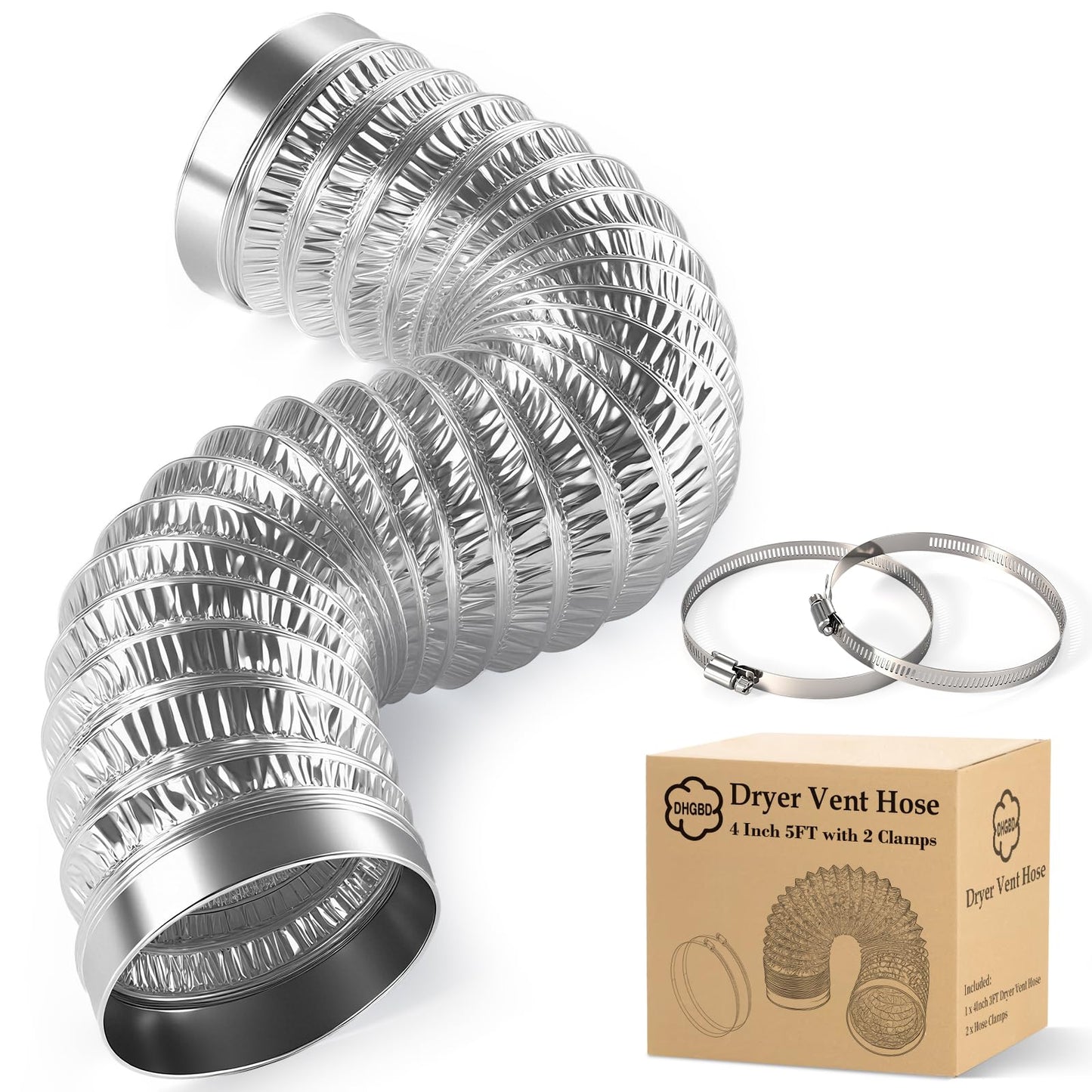 DHGBD 4 Inch Dryer Vent Hose 5FT, Flexible 6-Layer Aluminum Duct with Reinforced Rolled Edge Ends, Fireproof Dryer Exhaust Hose for Indoor Venting and HVAC Use