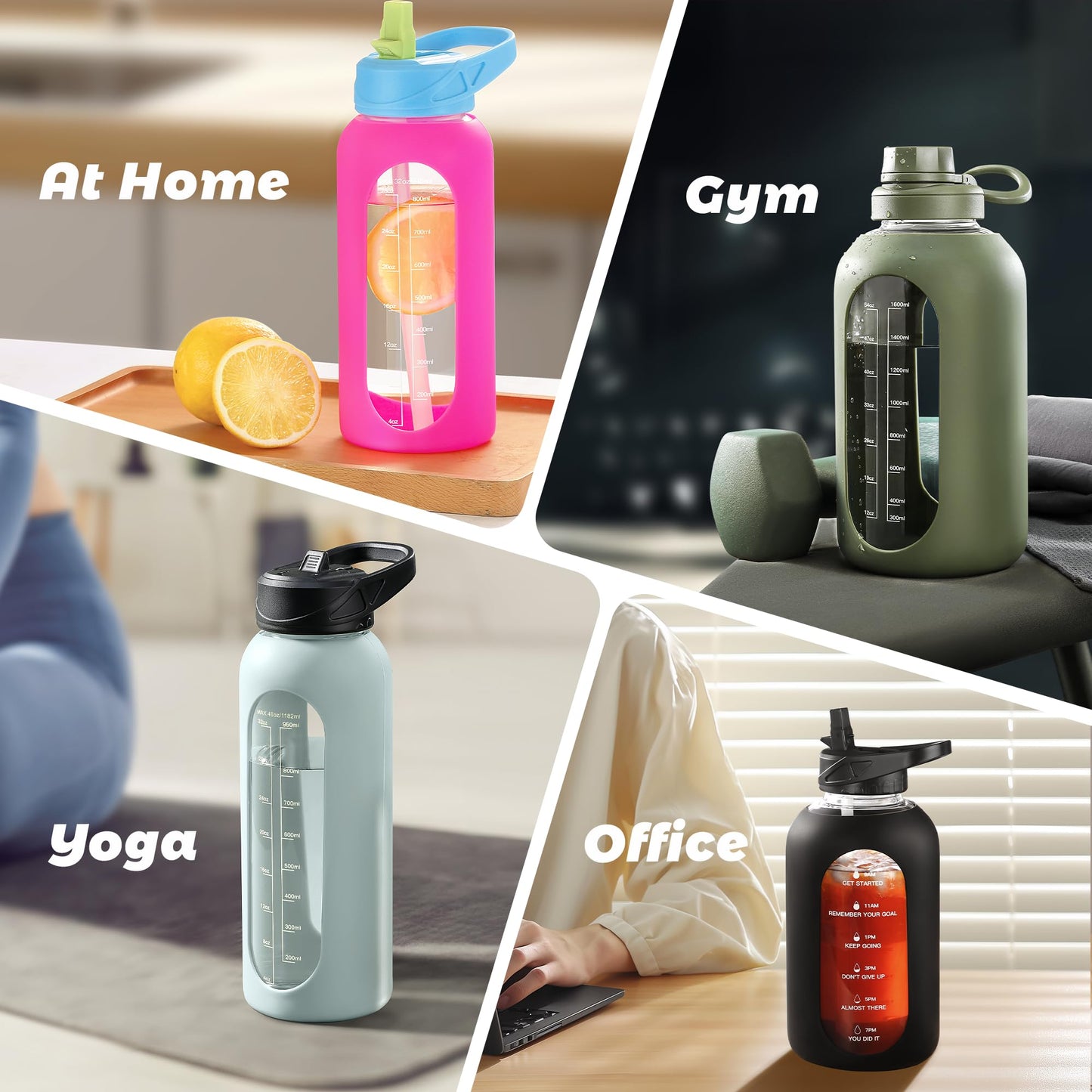 CIVAGO 32 oz Glass Water Bottle with Straw and Handle, Large Sports Motivational Water Bottle Flask with Time Marker and 2 Lids, Leakproof Water Jug Canteen with Silicone Sleeve for Gym, Rose Taupe