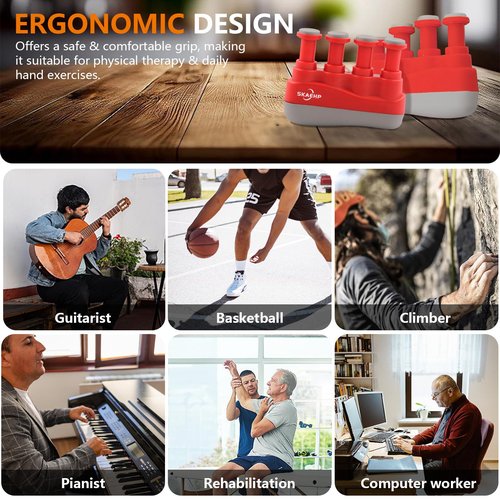 Hand Exerciser - Improves flexibility and strength in fingers, hands, and forearms - Adjustable tension for each finger - Simulated guitar strings help develop calluses - Comfortable workout - Red and gray