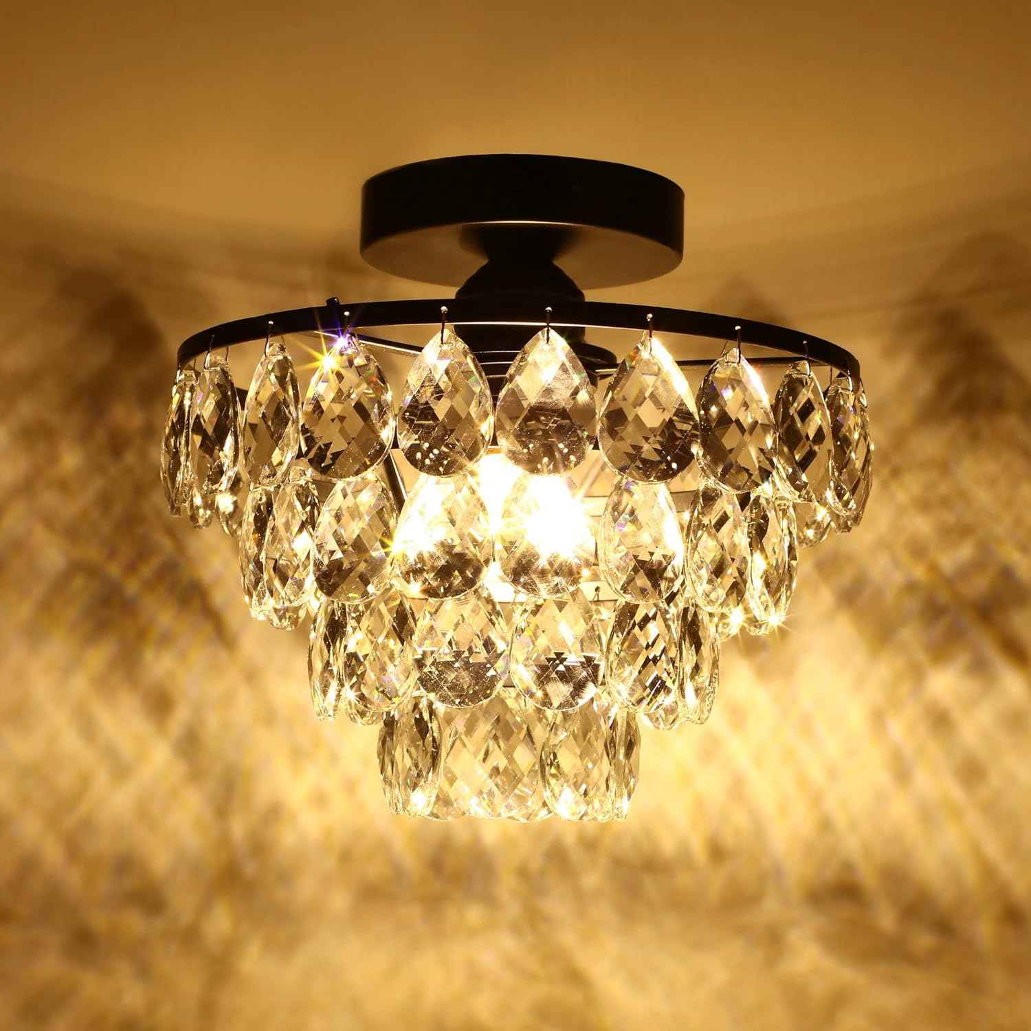 Gold Crystal Mini Chandelier - Modern Flush Mount Ceiling Light for Hallway & Bedroom