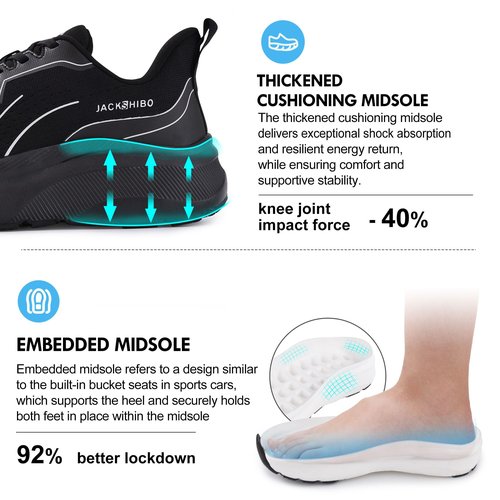 JACKSHIBO Slip in Men Hands Free Wide Toe Box Shoes Slip on Arch Support Wide Sneakers for Running Walking Tennis Athletic Plantar Fasciitis Orthopedic Shoe Zero Drop Cushion Thick Sole Width Shoes