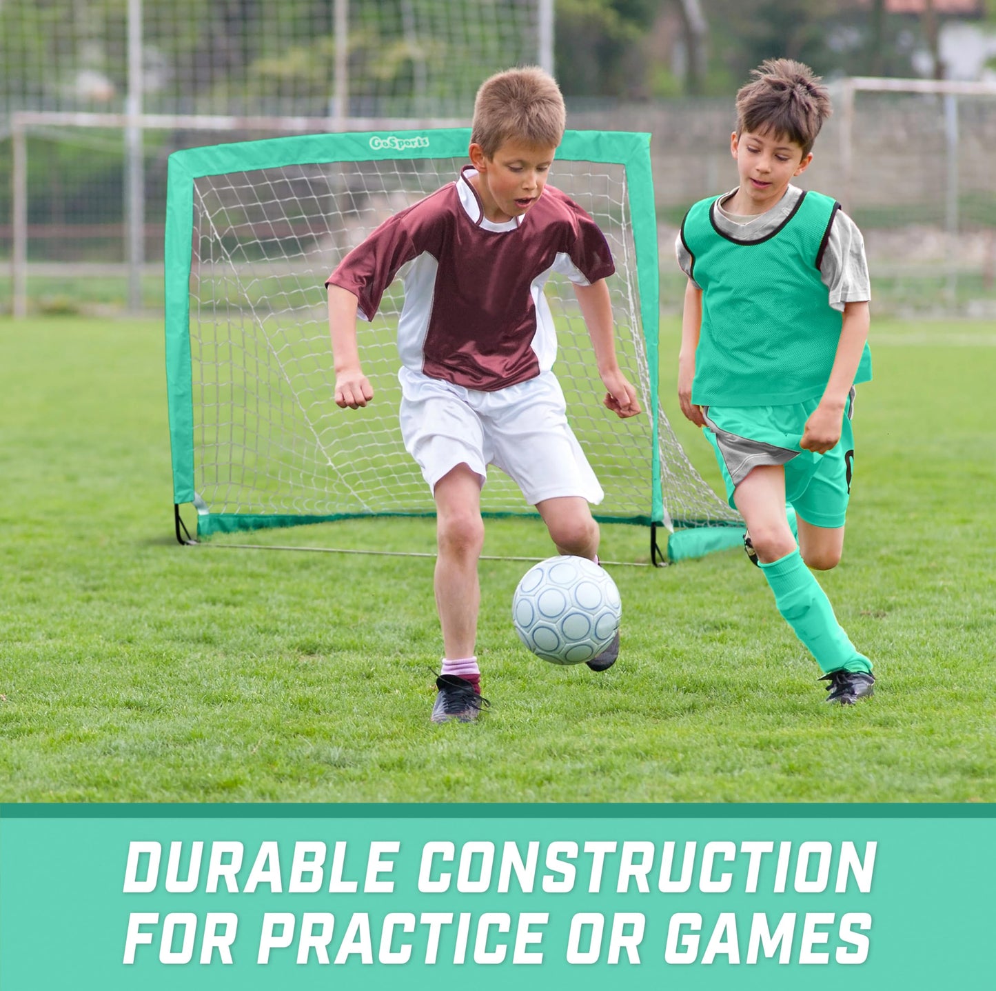 GoSports Team Tone 4 ft x 3 ft Portable Soccer Goal for Kids - Pop Up Net for Backyard - Turquoise