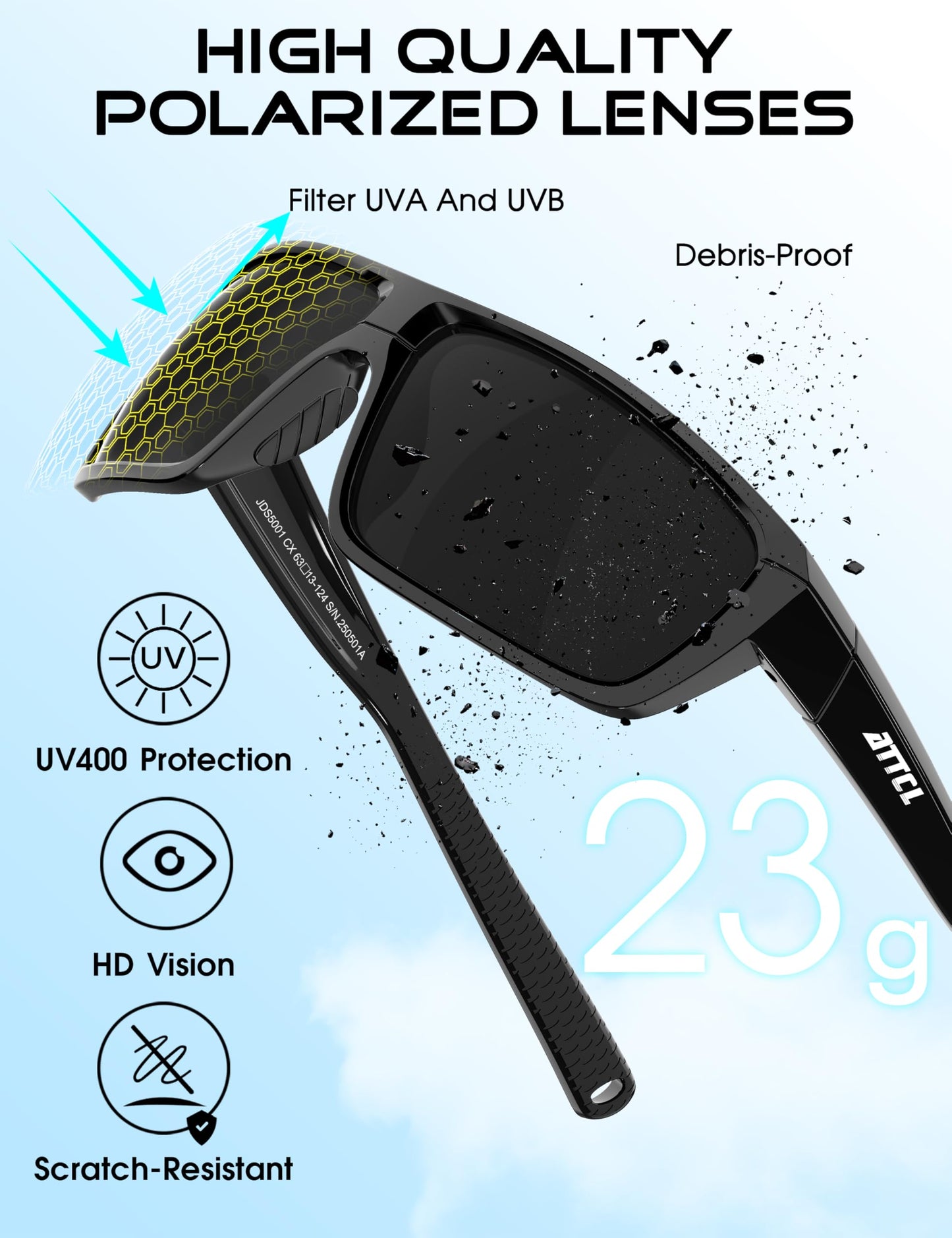 ATTCL Polarized Sunglasses Men for Fishing: UV Protection Lightweight TR90 Sports Wrap Sun Glasses Driving Golf Cycling Running 5001 Black