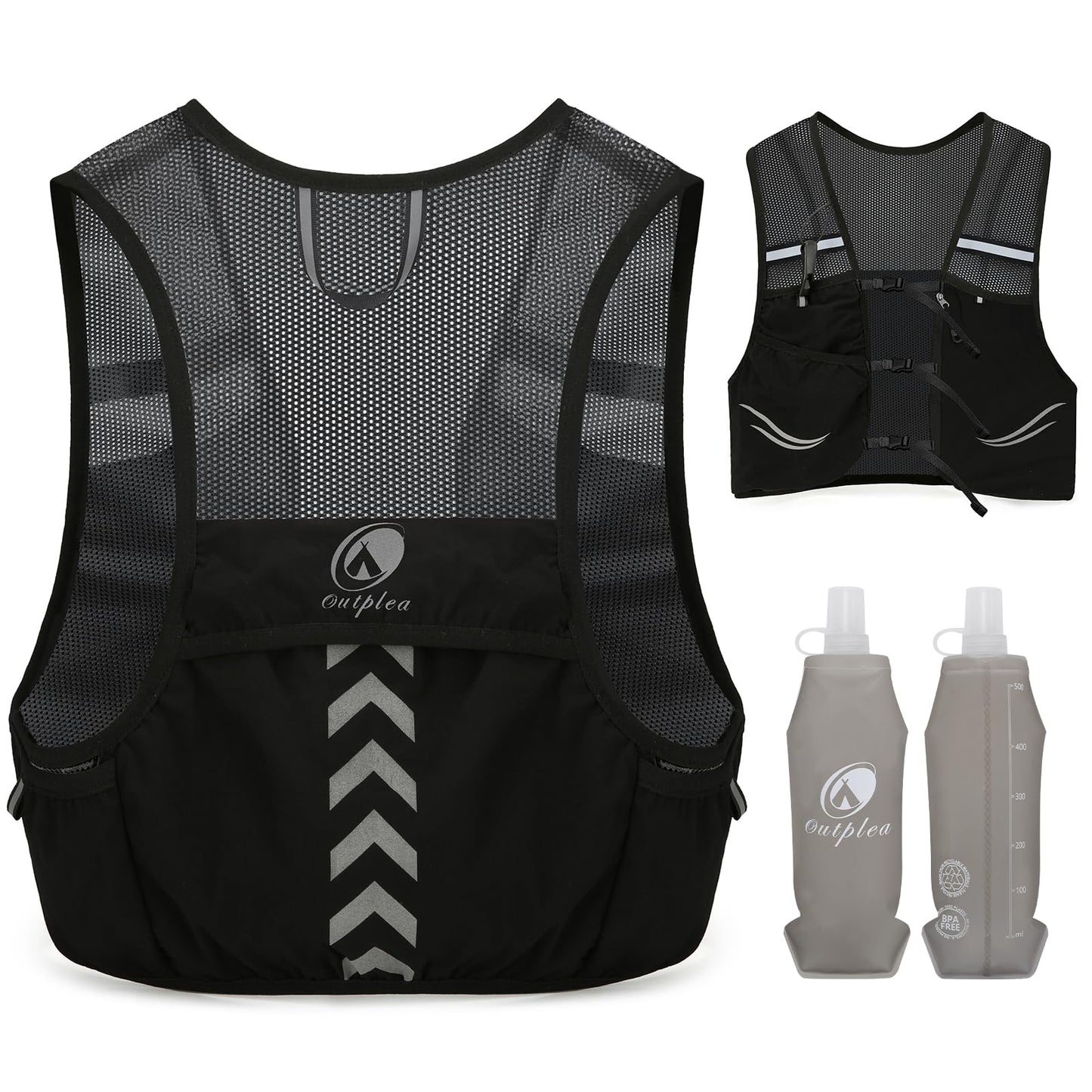 Outplea Lightweight Running Vest with 2pcs 500ml Water Bottle for Men Women, Reflective Water Vest Hydration Pack Hydropack for Hiking, M/L