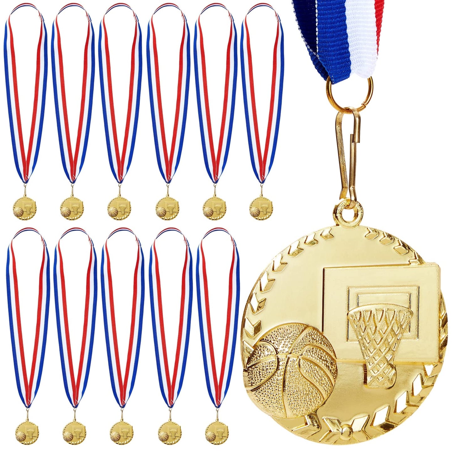 Juvale Basketball Medals for Kids & Adults - 12-Pack, 2" Gold Zinc Alloy & 15.5" - Red, White & Blue Ribbon - Medals for Awards