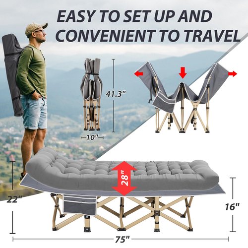 Candockway Folding Camping Cot with Comfy Mattress(Grey),600LBS(Max Load),Portable Cot Bed for Adults Include Carry Bags,28" Wider Sleeping Cots for Home,Office Nap,Outdoor Travel Camp Beach