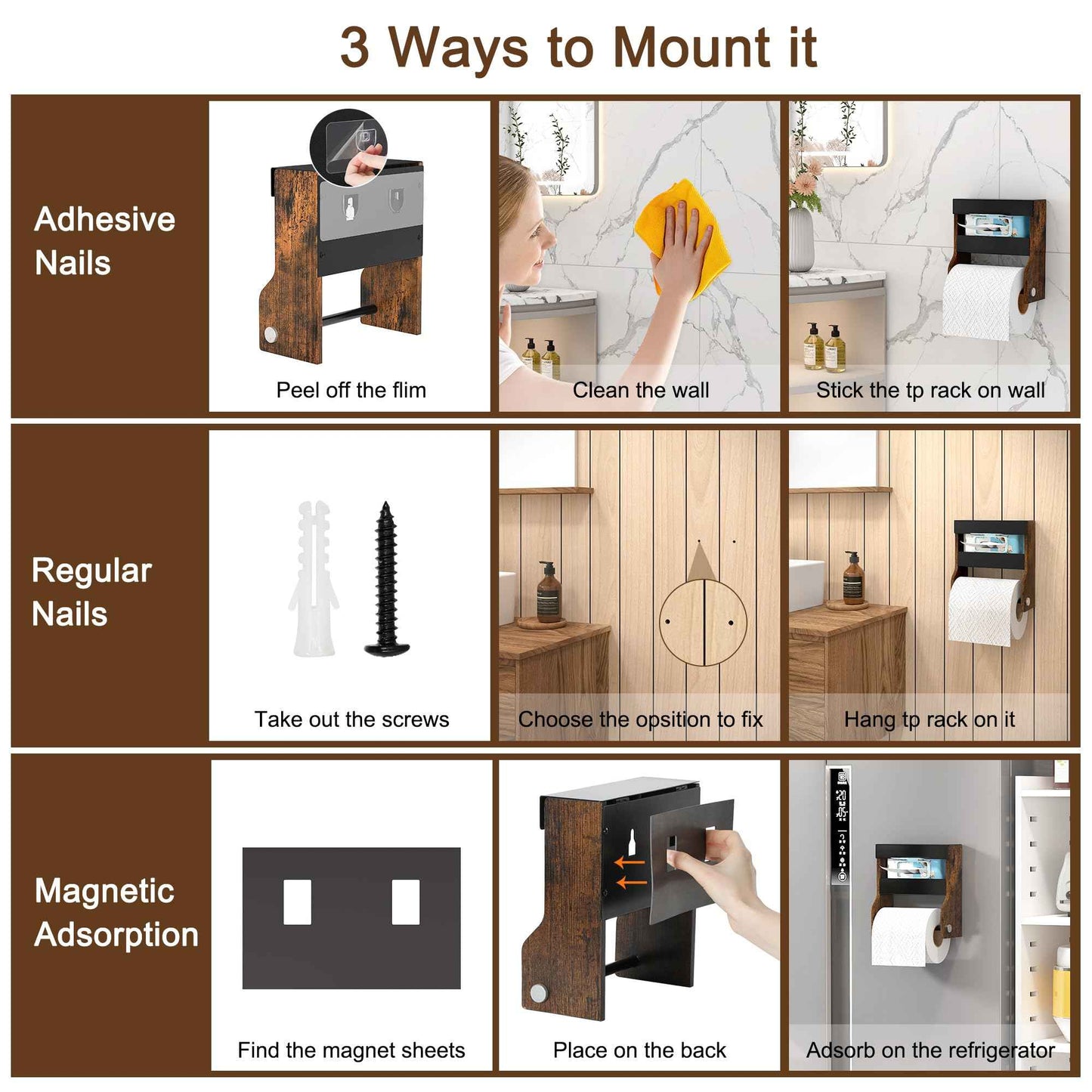 TQVAI Toilet Paper Roll Holder Wall Mounted Self Adhesive No Drill Magnetic Toilet Paper Storage with Wipes Holder for Bathroom, Restroom, Kitchen, Regular Super Double Mega Roll - Vintage/Black