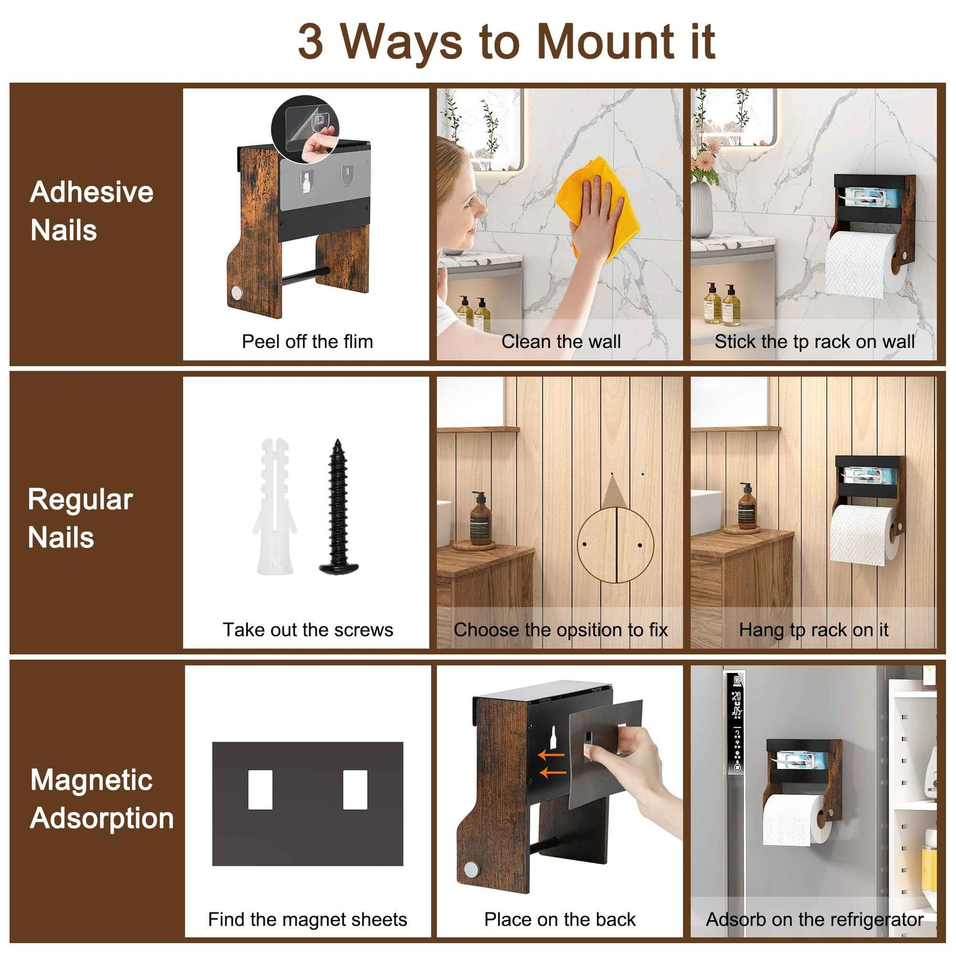 TQVAI Toilet Paper Roll Holder Wall Mounted Self Adhesive No Drill Magnetic Toilet Paper Storage with Wipes Holder for Bathroom, Restroom, Kitchen, Regular Super Double Mega Roll - Vintage/Black