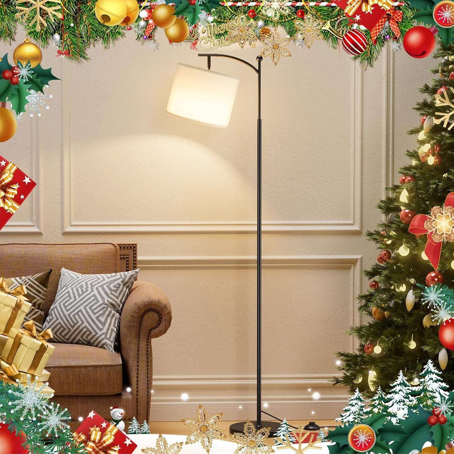 Modern 60" Floor Lamp with Remote Control & Dimmable LED Bulb - Beige Shade, Adjustable Brightness for Living Room