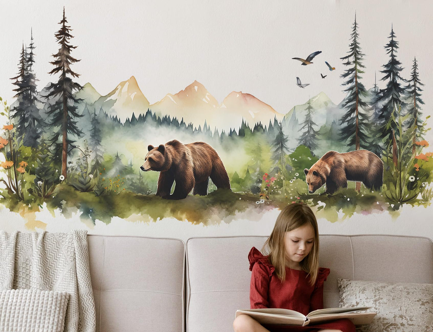 RAINBOW WSK Large Jungle Animals Wall Decals Forest Tree Wall Decal Peel and Stick Woodland Bear Fox Deer Wall Stickers Giant Mountain Art for Bedroom Nursery Room FX-C432