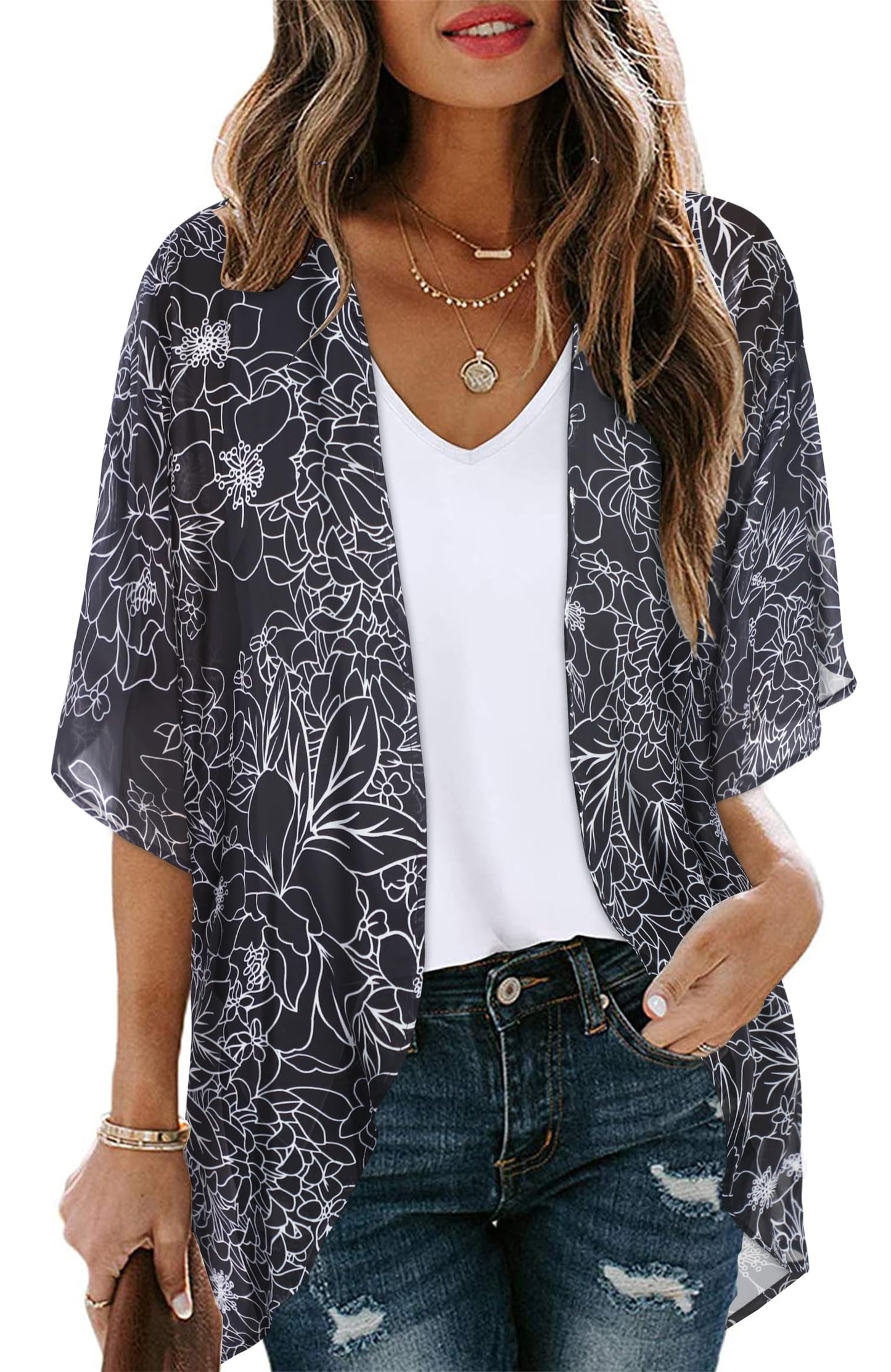 Womens Floral Kimono Cardigans Loose Puff Sleeve Casual Beach Coverups Tops (Black Brief Flowers,M)