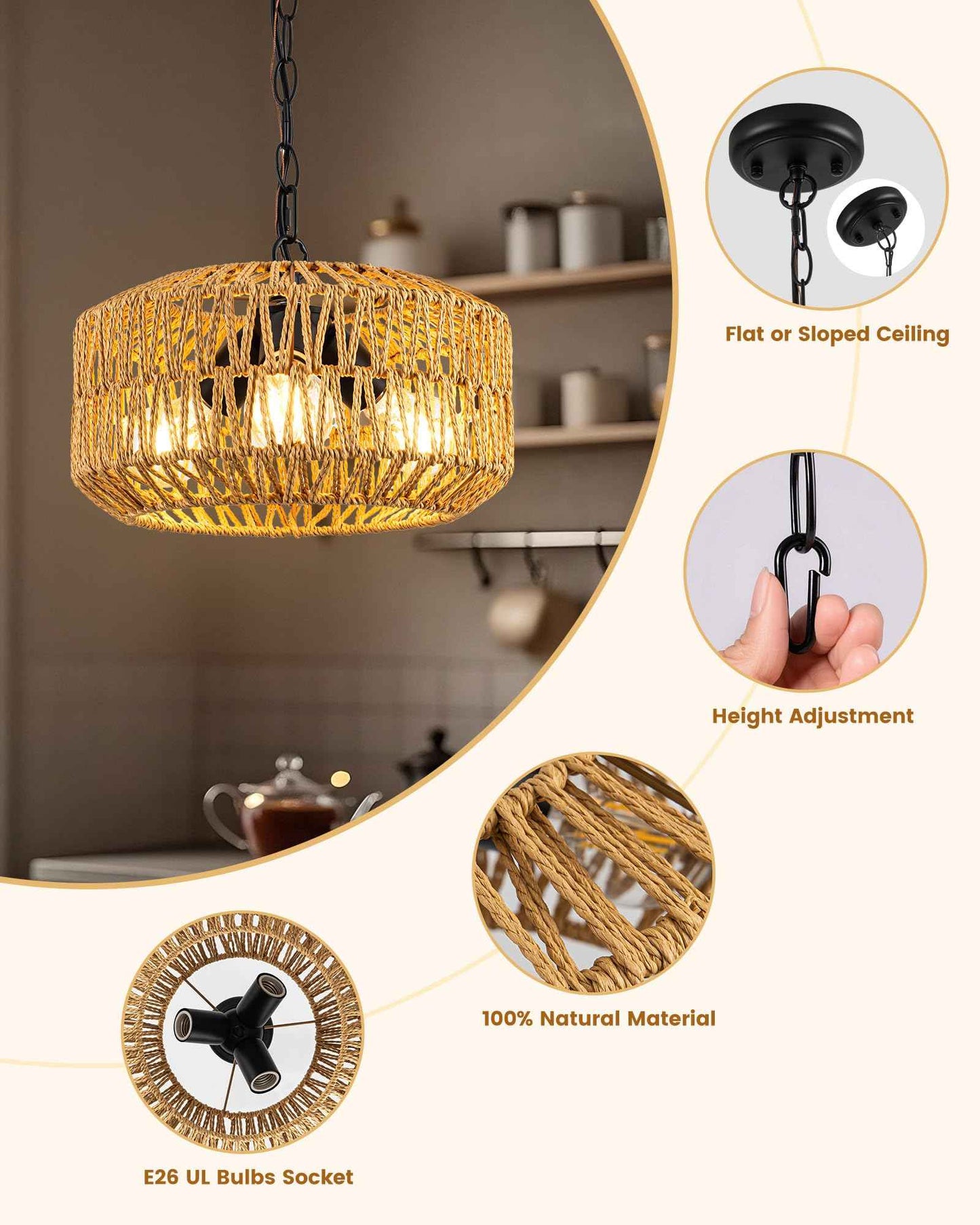 Boho Rattan Chandelier, 3-Lights Farmhouse Hanging Pendant Light, 11.8" Rustic Wicker Woven Chandeliers for Living Room, Kitchen Island(No E26 Bulbs, Not Exceeding 4.3")