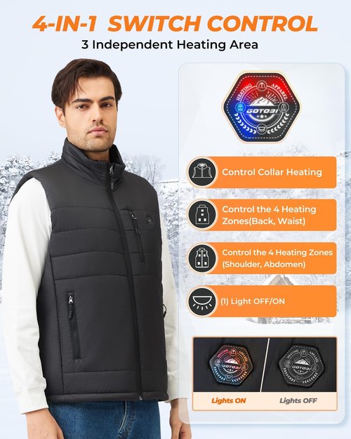 GOTOBI Heated Vest for Men with 16000mAh 7.4V Battery Pack, Ergonomic 9 Heating Zones, Smart Temp Control Men's Heated Vest