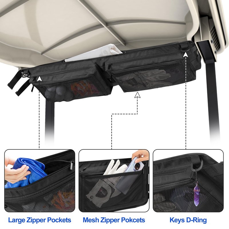 PGmoon Golf Cart Ceiling Storage Bag, Golf Cart Overhead Organizer Bag Compatible with Club Car Precedent,Tempo, Onward, Black
