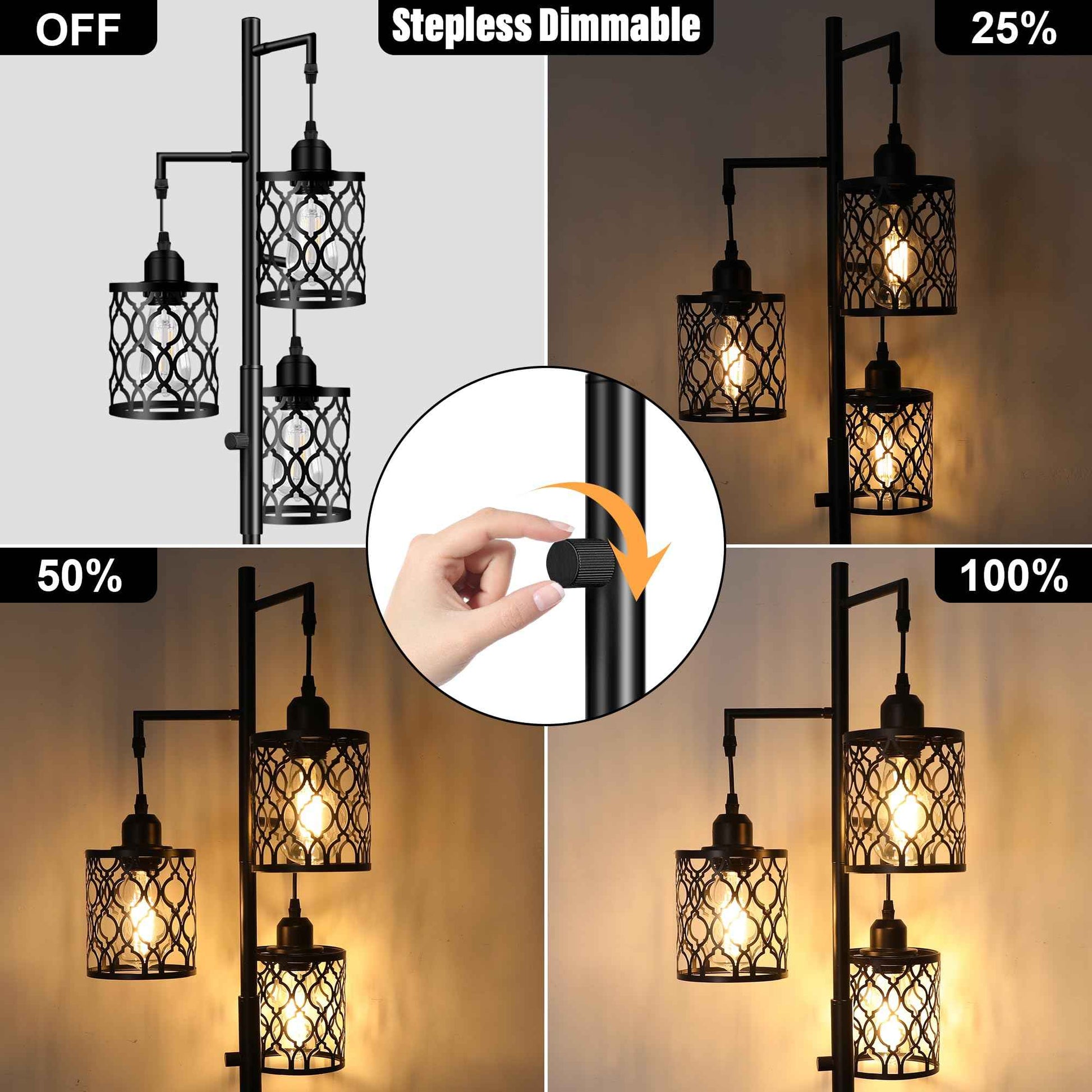 Dimmable Farmhouse Floor Lamp, Industrial Floor Lamp for Living Room with 3 X 6W LED Bulbs, 3 Light Rustic Standing Tall Lamp for Bedroom, Office, 68"