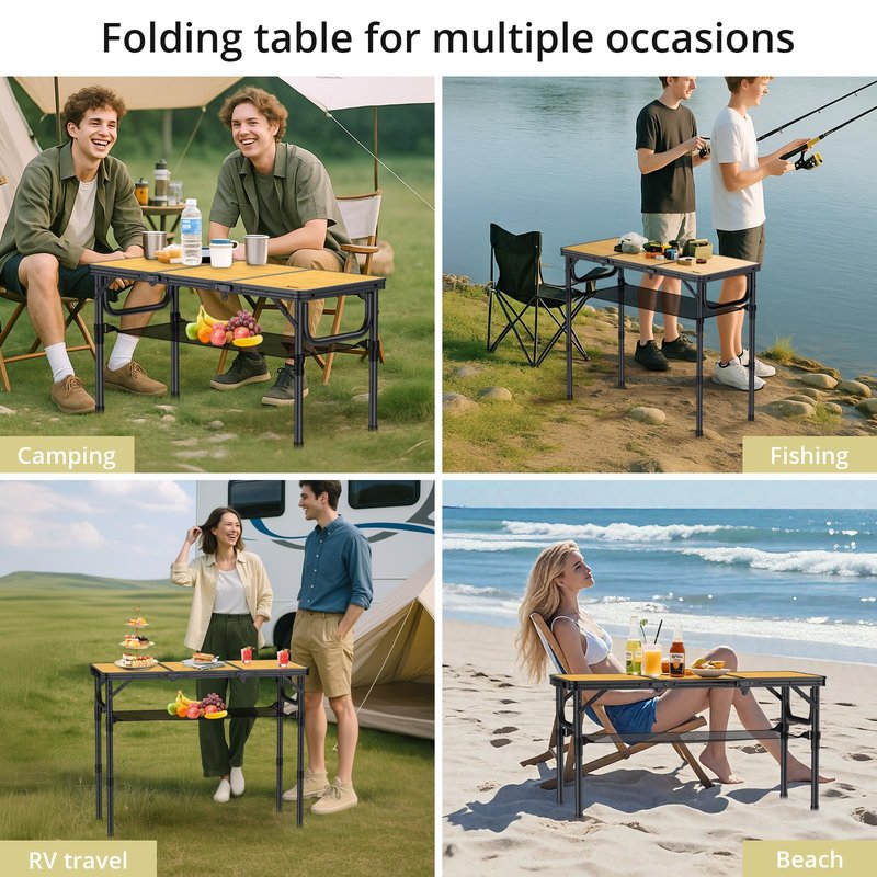 Anbte 3ft Camping Table Foldable with Storage Net and Bag, 3 Adjustable Heights High 27.5" Aluminum Camping Table Portable, for Outdoor Indoor Backyard BBQ Cooking Party Picnic Beach, Light Oak Grain