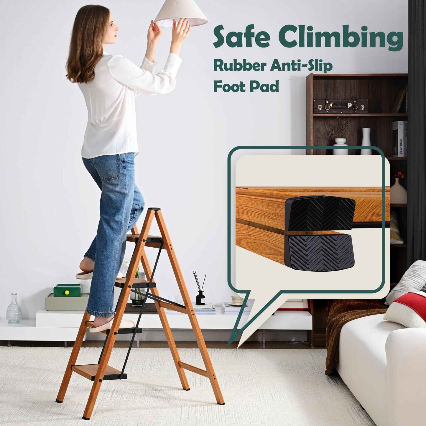 Taranta 4 Step Ladder,Aluminum Lightweight Folding 4 Step Stool with Anti-Slip Wide Pedal, 330lbs Capacity Step Ladder for Household,Kitchen,Office - Woodgrain