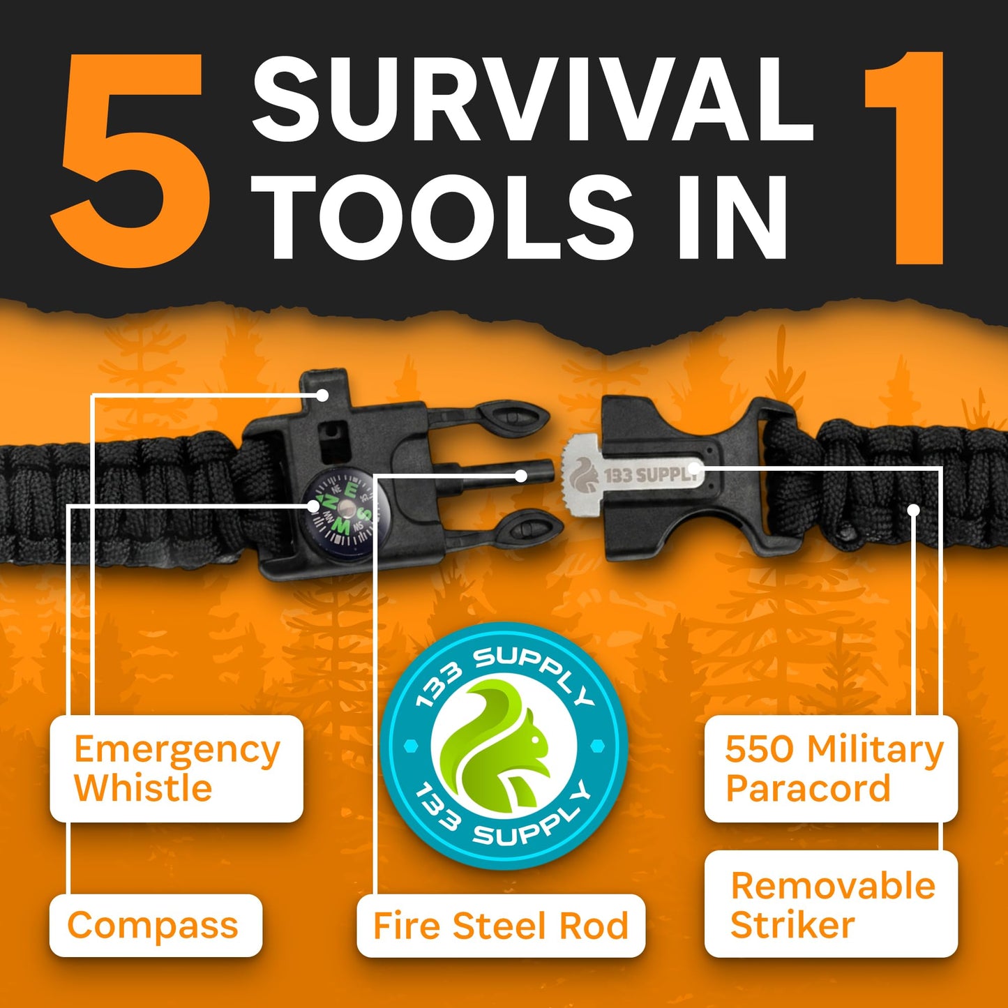 133 Supply Paracord Bracelet Compass Hiking Survival Kit Emergency Whistle Fire Starter Camping Gear Hiking Essentials Fishing Hunting Accessories EDC Backpacking Gear Tactical Survival Gear Equipment