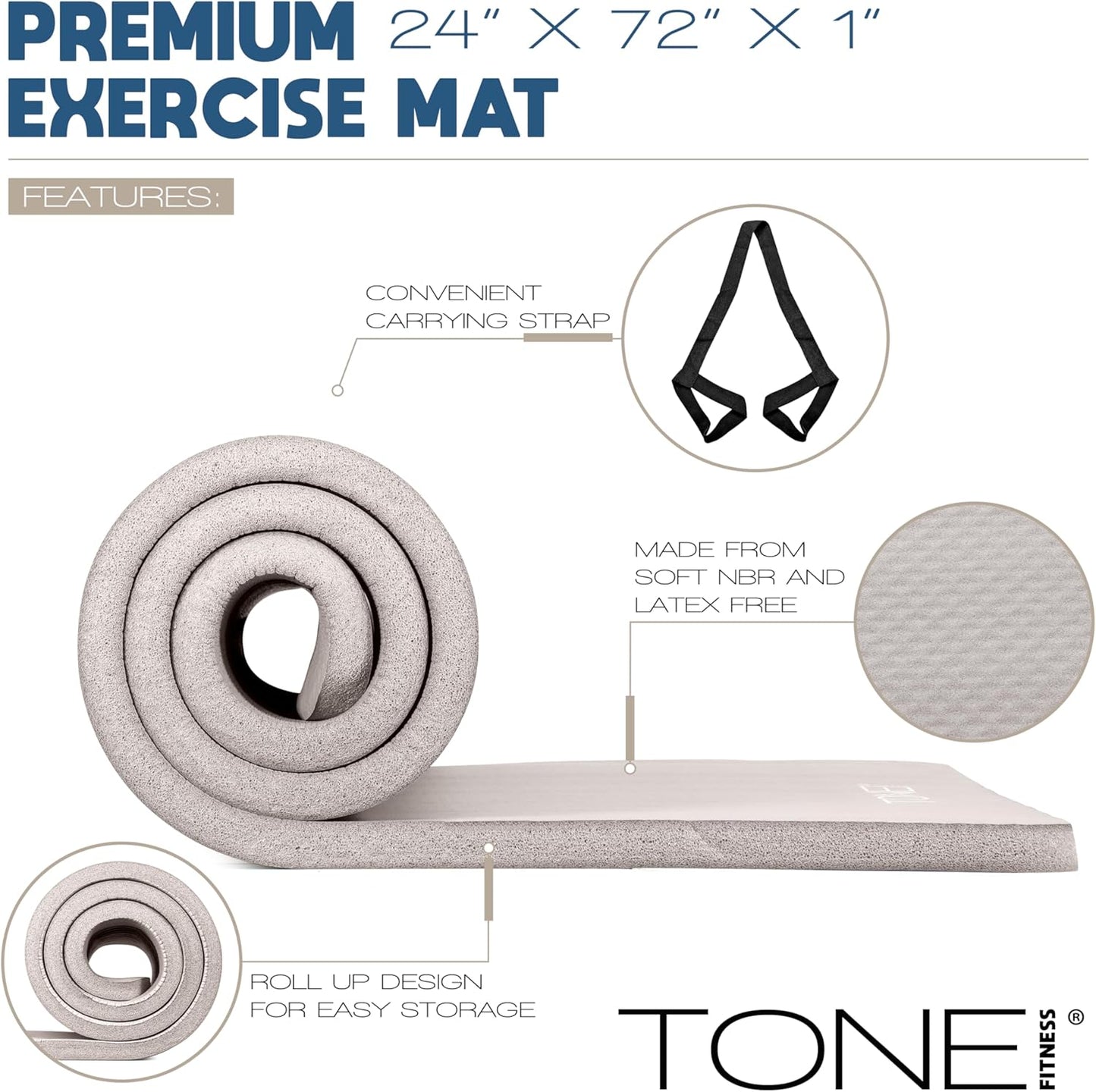 Tone Fitness Yoga Mat - 1-Inch Thick, High-Density Non-Slip Exercise Mat with Carrying Strap | Ideal for Yoga, Pilates & Home Workouts