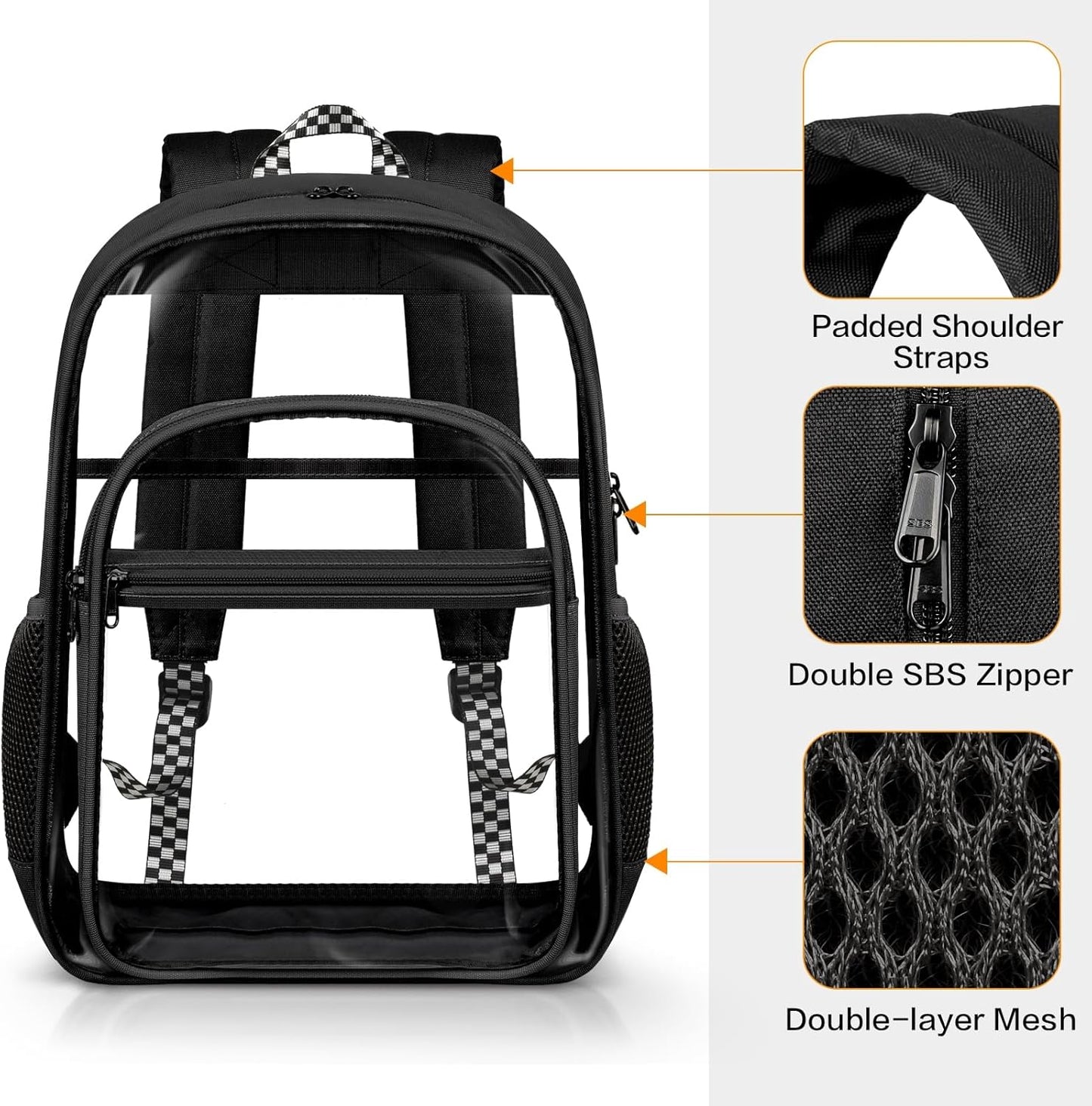 PAMANO Clear Backpack - Heavy Duty Transparent Bookbag for College & Travel | Black PVC Design