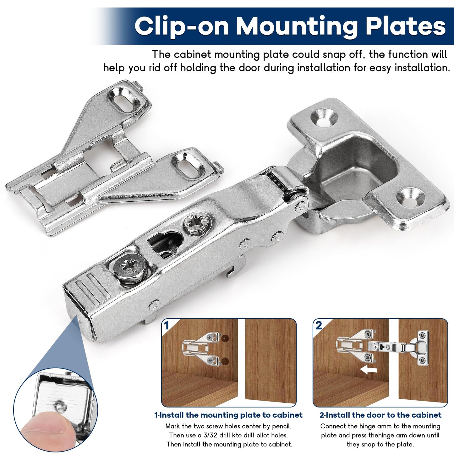 30 Pack 1/2'' Overlay Face Frame Soft Close Hidden Cabinet Hinges, 105 Degree 3D Adjustable Clip On Plate Concealed Kitchen Cupboard Door Hinges with Screws