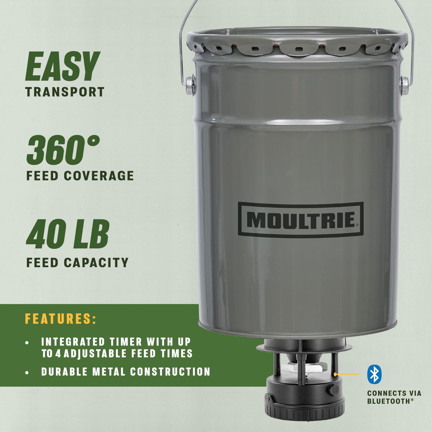 Moultrie 40 Lb All-in-One Hanging Deer Feeder - Metal Hopper, Locking Lid, Bluetooth App Control, Pairs with Edge 3, MFG-15101