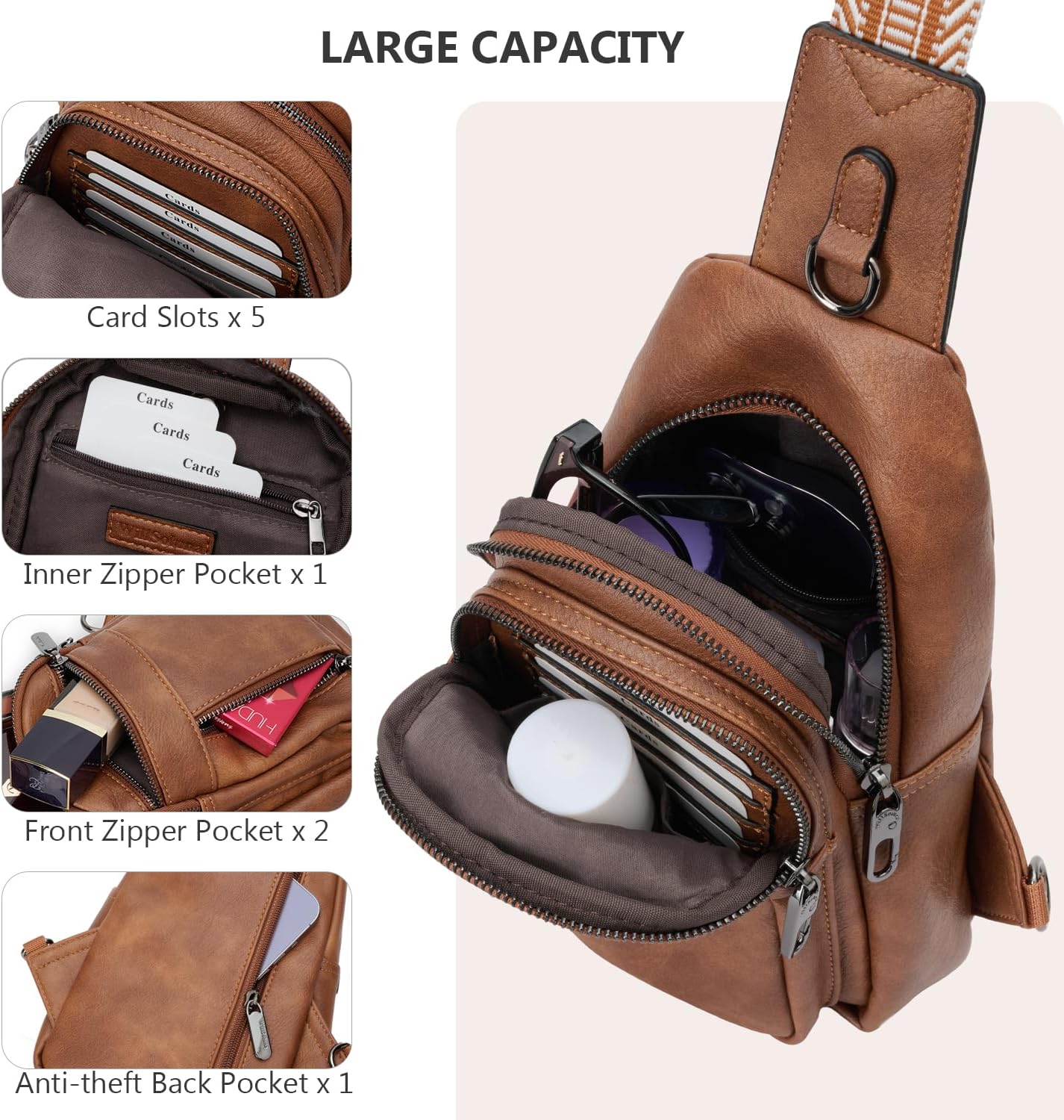 Skiennix Anti-Theft Sling Bag - Stylish PU Leather Crossbody Chest Bag with Adjustable Strap | Brown