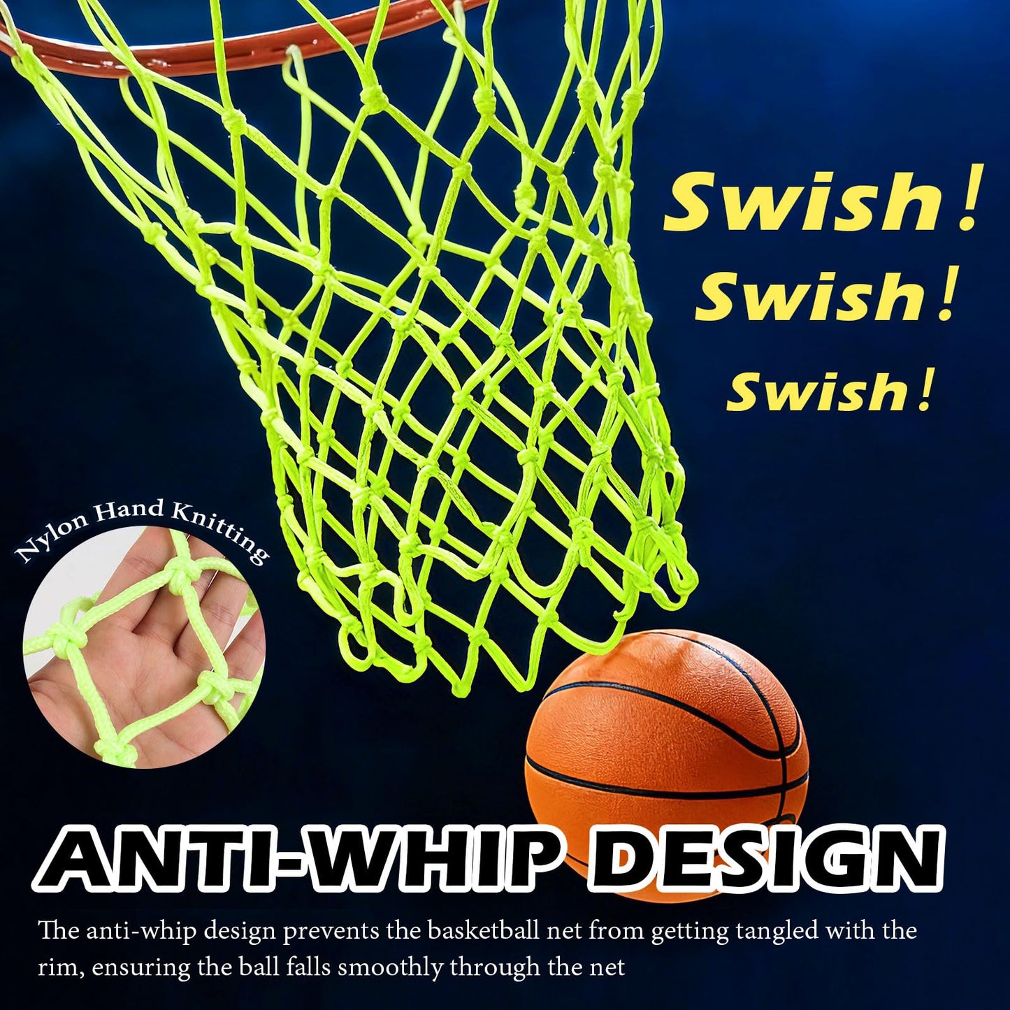 Nightlight Basketball Net, Luminous Outdoor Portable Sun Powered Sport Nylon for Pool Beach Backyard, Anti Whip