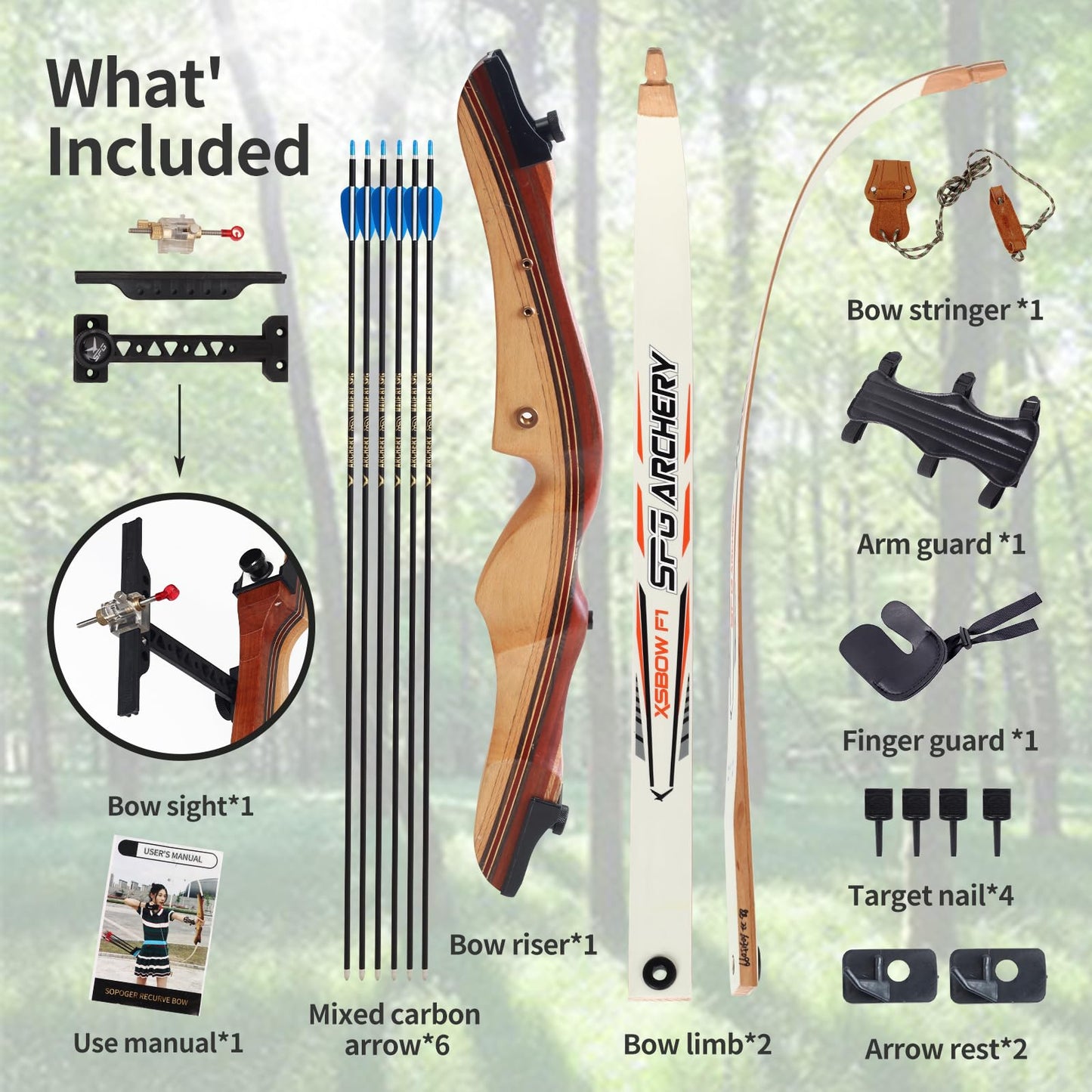 SOPOGER 54" /68'' Archery Set Adult Beginners - 20 lbs /30 bs Takedown Recurve Bows for Adults Youth Teens Men Women Wood Longbow for Outdoor Target Arrow Practice Shooting Training