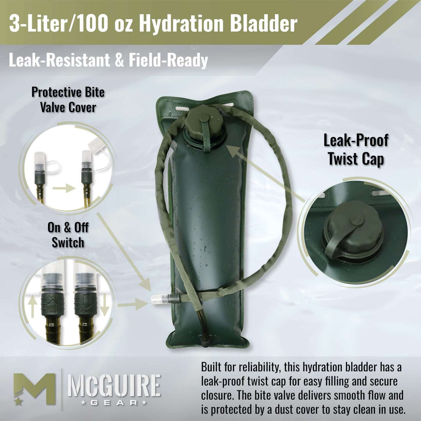 M MCGUIRE GEAR Hydration Bladder, 3L/100 oz. Water Bladder, Leak Proof Hydration Pack, Water Reservoir with Insulated Drinking Tube for Hiking, Cycling, and Biking (Olive Drab)