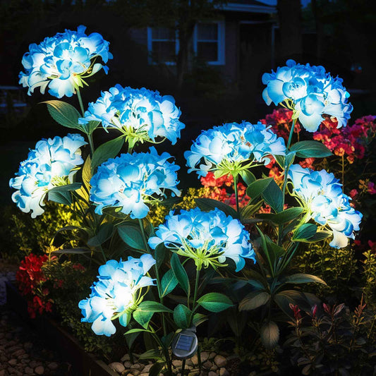 YAODEMA Garden Lights Solar Flower Light, LED Solar Powered Outdoor Light Decor for Path Yard Walkway Patio Balcony Lawn, Hydrangea Artificial Flower (Blue, 2)