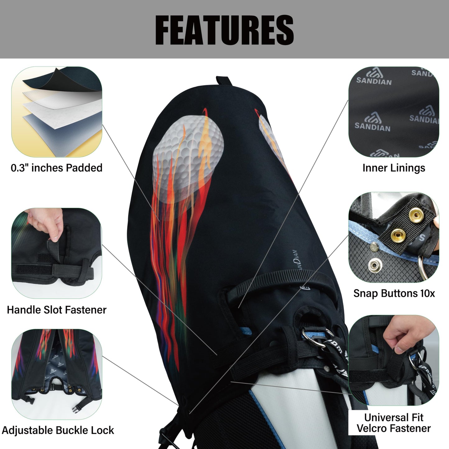 SANDIAN, Spinning Ball, Golf Bag Rain Hood Cover, Waterproof 1260D Oxford Polyester, 12x20 Inches, Padded Protection, PU Coated, Two Sided Zipper, Adjustable Buckle Lock Fasteners, Snap Button Locking