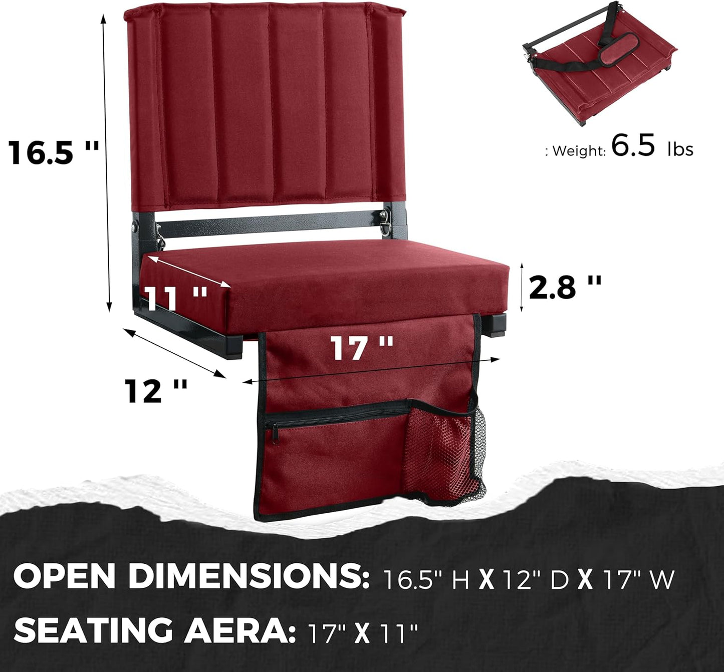 Sport Beats Stadium Seats - Comfortable Bleacher Chairs with Back Support & Cushion | Maroon, 1pc, Regular Size - 17" W x 12" D x 16.5" H