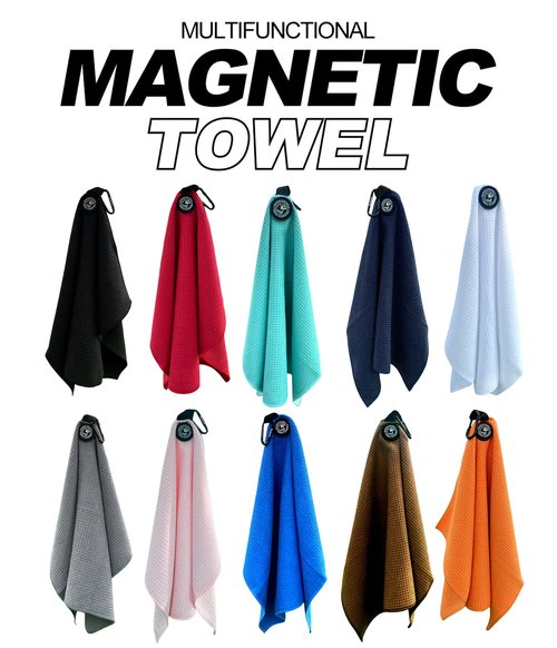 Magnetic Golf Towel with Clip, Microfiber Waffle Design - Industrial Strength Magnet for Strong Hold to Golf Bags, Carts & Clubs - Black