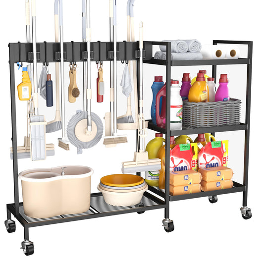 GIOTORENT Metal Cleaning Cart with Wheels - Rolling Broom Holder & Supplies Organizer, 10 Adjustable Clips, 5 Double-Hooks, 3-Tier Shelves, Brakes for Home, Commercial, Black