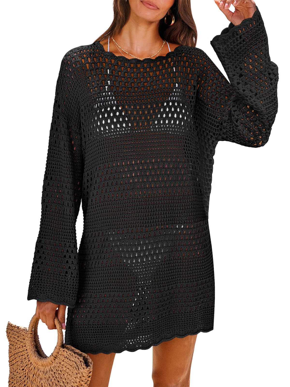 ANRABESS Women Swimsuit Crochet Swim Cover Up 2026 Summer Bathing Suit Swimwear Mesh Knit Beach Dress Vacation Outfits Black Medium