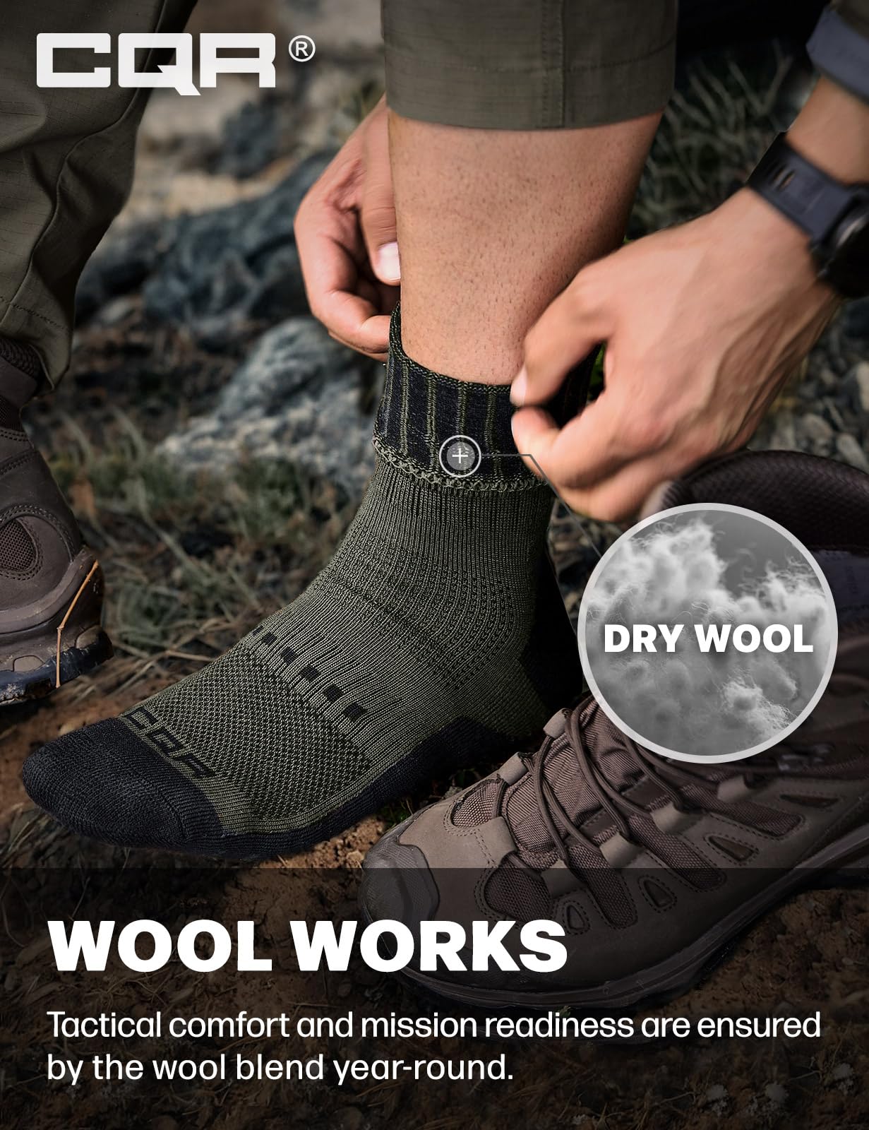 CQR 3 Pack Men and Women Wool Hiking Mid Calf Crew Socks, Moisture Wicking Breathable Outdoor Tactical Cushion boot Socks, Tac 8.5in Soil Green, Medium