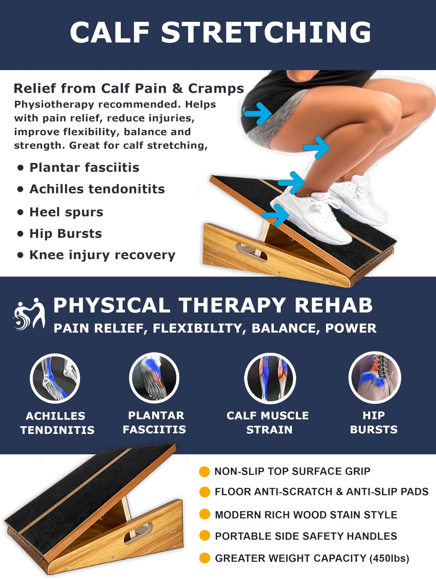 BAM Slant Boards for Exercise – Adjustable Wooden Calf Stretcher Incline Board for Calf Stretching, Squats, Plantar Fasciitis, Achilles, Knee, Foot & Ankle Rehab, Velour Slant Board
