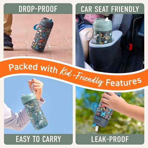 Bentgo Kids Water Bottle 2-Pack - Leak-Proof, Durable Tritan, BPA-Free 15 oz for Ages 3+ | Bite & Sip Spout, Dishwasher Safe (Dinosaur/Dino Fossils)