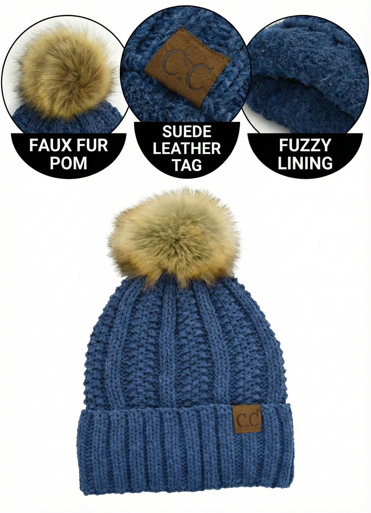 C.C Beanie Women’s Cozy Chenille Pom-Pom Hat — Warm Fashionable Ski-Style Winter Beanie (Beige)