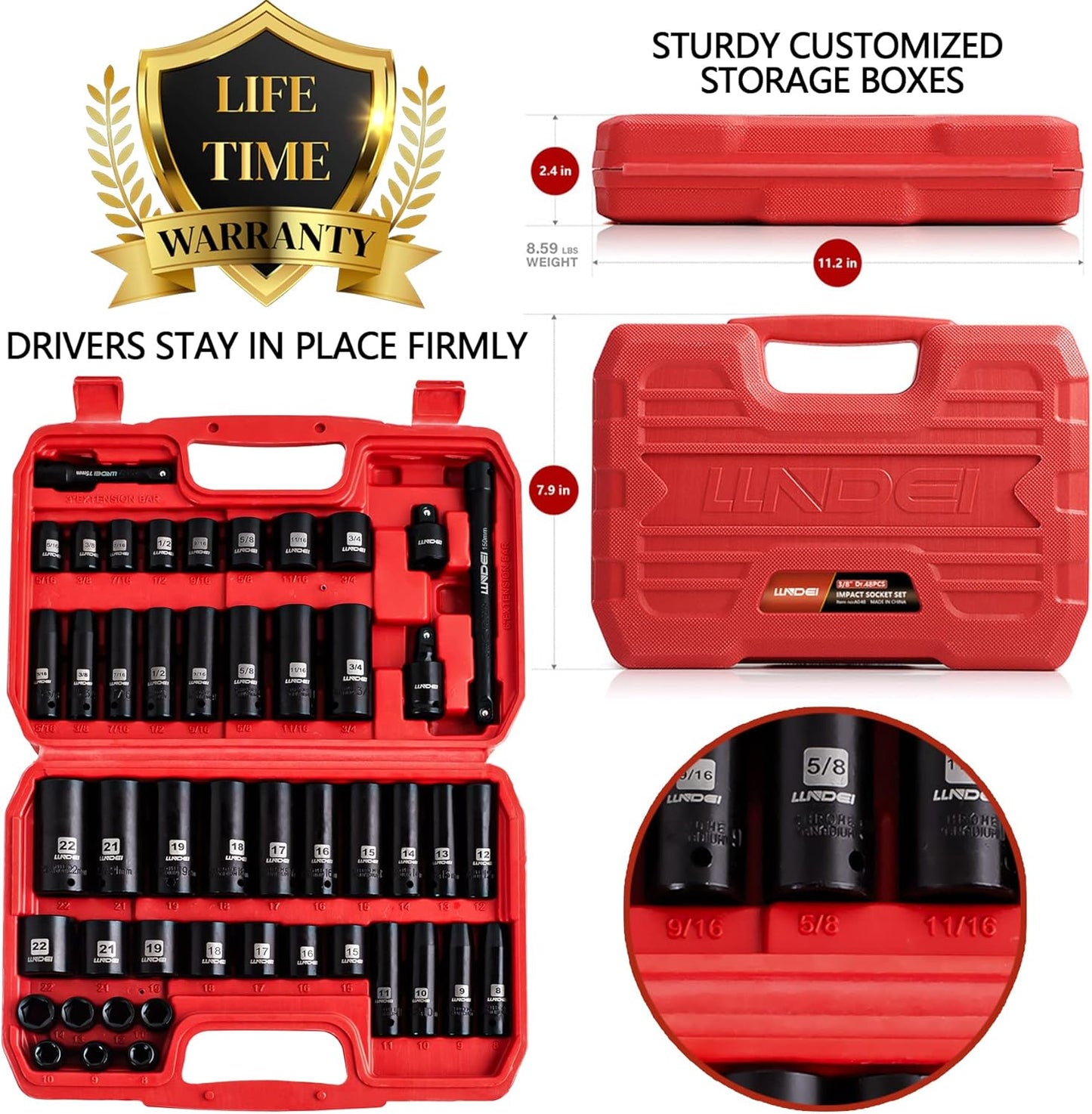 52-Piece Impact Socket Set with 72-Tooth Ratchet & Adapter - Metric & SAE Mechanic Tools for Automotive Repair